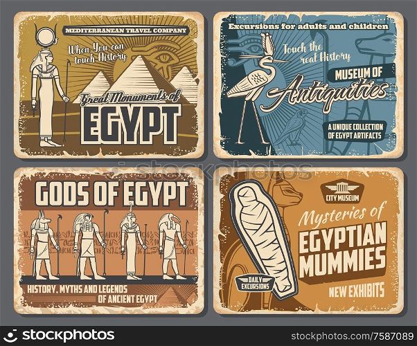 Ancient Egyptian pharaoh pyramids, mummies and gods retro posters of Egypt travel vector design. Anubis with Ankh symbol and eye of Horus, Hathor, Seth and Thoth, cat, heron and hieroglyphs. Ancient Egypt gods, pharaoh pyramids, hieroglyphs