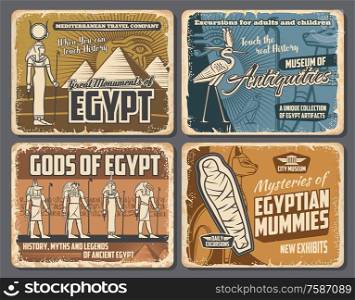 Ancient Egyptian pharaoh pyramids, mummies and gods retro posters of Egypt travel vector design. Anubis with Ankh symbol and eye of Horus, Hathor, Seth and Thoth, cat, heron and hieroglyphs. Ancient Egypt gods, pharaoh pyramids, hieroglyphs