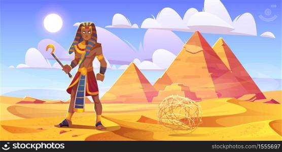Ancient Egyptian pharaoh with rod in desert with pyramids. Vector cartoon illustration of landscape with yellow sand dunes, pharaoh tombs, figure of king of Egypt and tumbleweed. Ancient Egyptian pharaoh in desert with pyramids