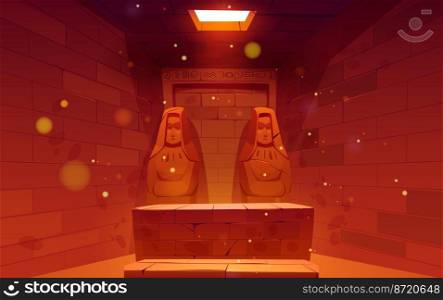 Ancient Egyptian pyramid inside. Pharaoh tomb with stone sarcophagus and statues. Room interior in old temple in Egypt with sculptures and hieroglyphs on wall, vector cartoon illustration. Ancient Egyptian pyramid inside