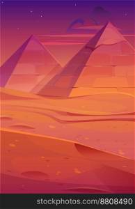 Ancient Egyptian pyramids at dusk. Cartoon vector illustration of antique pharaoh tomb buildings in desert under colorful evening sky with stars. Famous tourist landmark. Adventure game background. Ancient Egyptian pyramids at dusk