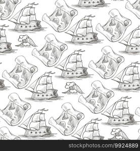 Ancient explorations, journeys and discoveries seamless pattern. Ship with sails, map on parchment paper, destination of sailors. Ancient history. Monochrome sketch outline, vector in flat style. Vintage ship and map on parchment paper seamless pattern