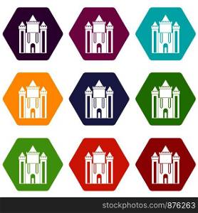 Ancient fort icon set many color hexahedron isolated on white vector illustration. Ancient fort icon set color hexahedron
