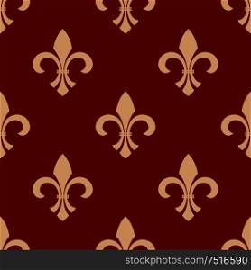 Ancient french floral royal seamless pattern with beige ornament of fleur-de-lis elements on red background. Vintage interior accessories or textile themes design. French floral royal seamless pattern