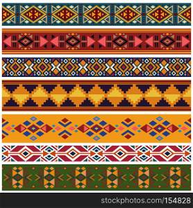 Ancient geometric native american tribal graphics vector seamless borders. Color american tribal pattern, illustration of indian american background. Ancient geometric native american tribal graphics vector seamless borders