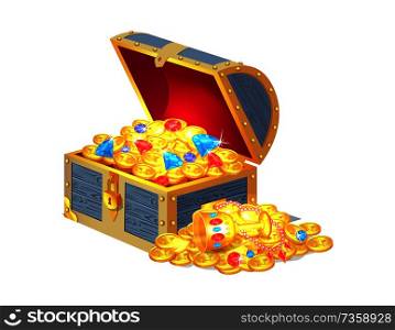 Ancient gold treasures in open wooden chest. Lost gem composed of ancient money, bright diamonds and royal goblet isolated vector illustration. Ancient Gold Treasures in Old Open Wooden Chest