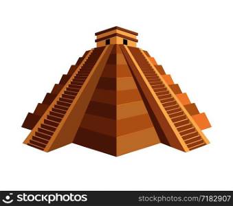 Ancient great Maya pyramid with small cubic temple on top and long stairs. Old building with huge historical value with large steps isolated cartoon flat vector illustration on white background.. Ancient Maya pyramid with temple on top and long stairs