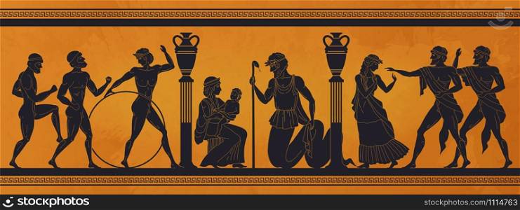 Ancient Greece mythology. Antic history black silhouettes of people and gods on pottery. Vector archeology pattern mythological culture on ceramics illustration. Ancient Greece mythology. Antic history black silhouettes of people and gods on pottery. Vector archeology pattern