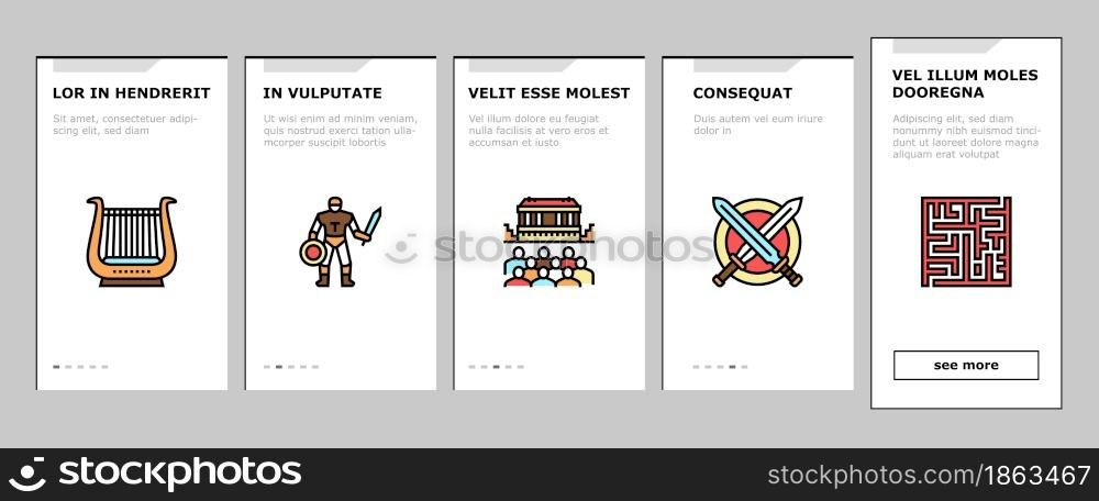Ancient Greece Mythology History Onboarding Mobile App Page Screen Vector. Ancient Greece Myth And Ornament, Lyre Musician Instrument And Acropolis Building, Centaur And Minotaur Illustrations. Ancient Greece Mythology History Onboarding Icons Set Vector