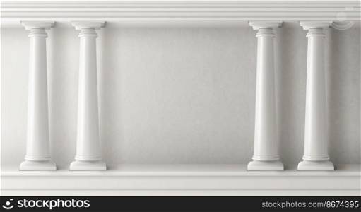 Ancient greek architecture with pillars. Vector realistic antique building with white marble wall and column with capital in doric style. Background with roman temple frame, classic palace arch. Ancient greek architecture with white pillars