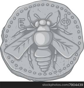 Ancient Greek coin of Ephesus Ionia 400 BC with honey bee symbol of Artemis goddess and the letters epsilon phi.