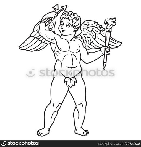 Ancient greek cupid winged goddess illustration. Vector isolated Antique angel. Black and white line drawing.