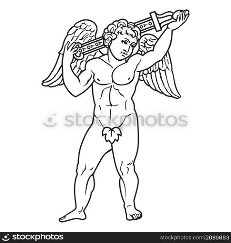 Ancient greek cupid with sword winged goddess illustration. Vector isolated Antique angel. Black and white line drawing.