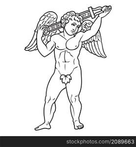 Ancient greek cupid with sword winged goddess illustration. Vector isolated Antique angel. Black and white line drawing.