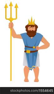Ancient Greek god of sea and waters Poseidon vector man in crown with gold trident religion and myth Greece traditions and rituals isolated male character theology and legend Roman Neptune ocean king.. Poseidon or Neptune Greek or Roman ancient god of sea