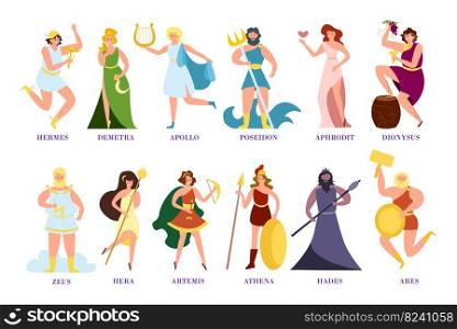 Ancient Greek gods and goddesses cartoon illustration collection. Zeus, Poseidon, Athena, Dionysus, Aphrodite, Demetra characters isolated on white background. Archeology, mythology, history concept