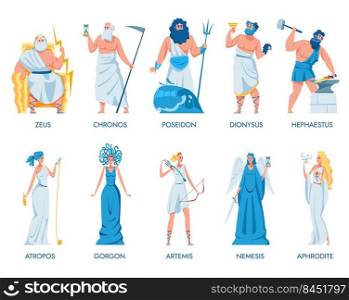 Ancient Greek gods and goddesses set. Zeus, Dionysus, Artemis, Hephaestus, Chronos, Atropos, Gorgon, Nemesis, Aphrodite, Poseidon. Vector illustration for Greece, myth, culture, history concept