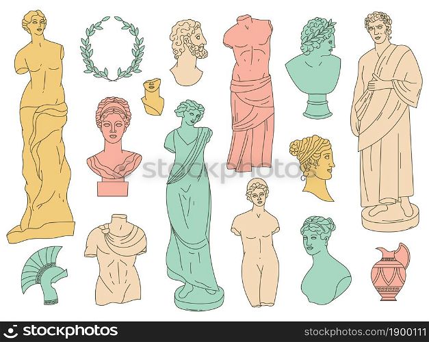 Ancient greek gods antique statues and antique sculptures. Antique gods marble heads, busts and monuments vector illustration set. Greek gods and goddesses statues. Antique and ancient sculpture. Ancient greek gods antique statues and antique sculptures. Antique gods marble heads, busts and monuments vector illustration set. Greek gods and goddesses statues