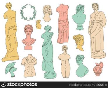 Ancient greek gods antique statues and antique sculptures. Antique gods marble heads, busts and monuments vector illustration set. Greek gods and goddesses statues. Antique and ancient sculpture. Ancient greek gods antique statues and antique sculptures. Antique gods marble heads, busts and monuments vector illustration set. Greek gods and goddesses statues