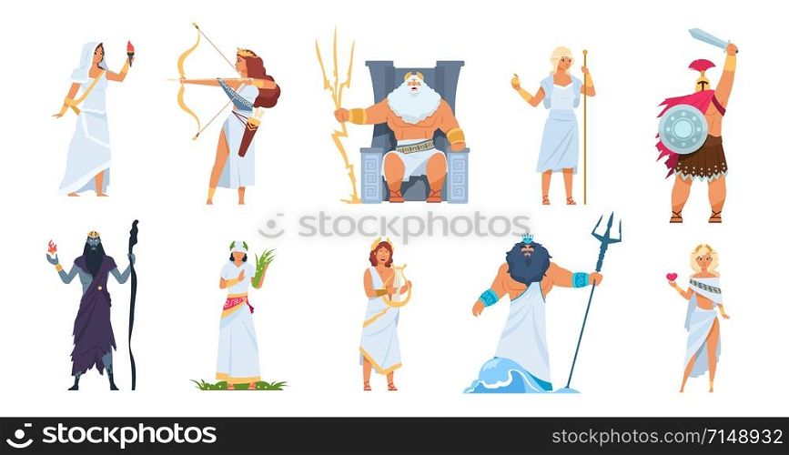 Ancient Greek gods. Cartoon cute legendary characters of ancient mythology. Vector male and female heroes mountain Olympus isolated on white set. Ancient Greek gods. Cartoon cute legendary characters of ancient mythology, Vector male and female heroes isolated on white