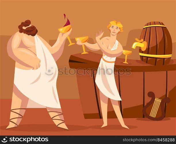 Ancient Greek gods or Greeks drinking wine together. Cartoon vector illustration. God of viticulture Dionysus granting wine to Greek character. Winemaking, ancient Greece, alcohol, culture concept
