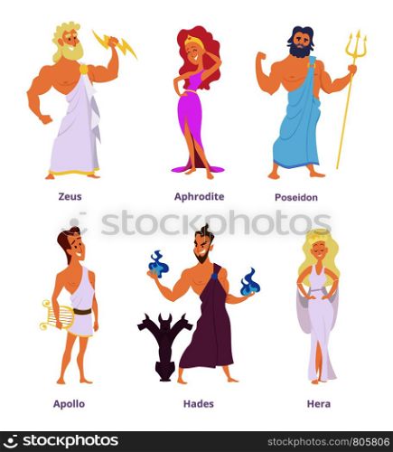 Ancient greek mythology. The gods and goddesses of olympus. Cartoon funny characters zeus and aphrodite, poseidon and apollo, hades and hera. Vector illustration. Ancient greek mythology. The gods and goddesses of olympus. Cartoon funny characters