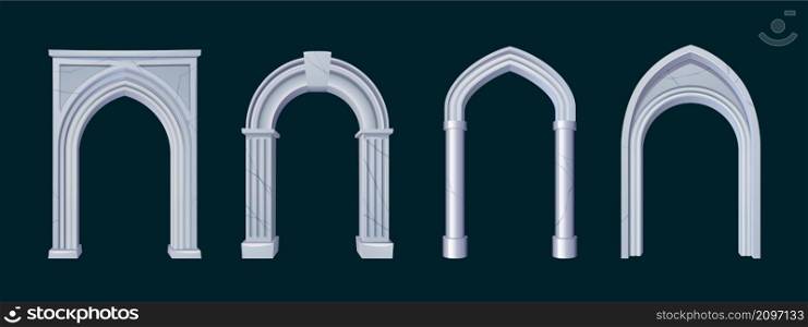 Ancient greek or roman arches from white marble. Vector cartoon set of antique architecture elements, entrance with stone pillars and columns isolated on black background. Ancient greek or roman arches from white marble