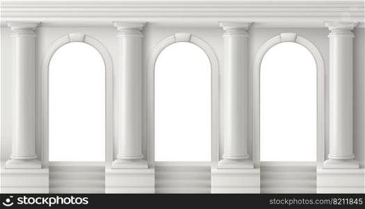 Ancient greek temple with pillars. Vector realistic antique building front with white marble arches and columns with capital in doric style. Background with roman palace entrance. Ancient greek temple with white pillars