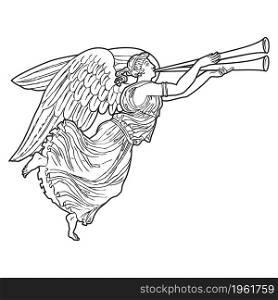 Ancient greek winged goddess illustration. Vector isolated Antique angel. Black and white line drawing.