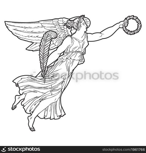Ancient greek winged goddess illustration. Vector isolated Antique angel. Black and white line drawing. 2