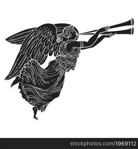 Ancient greek winged goddess silhouette illustration. Vector isolated Antique angel. Black and white line drawing.