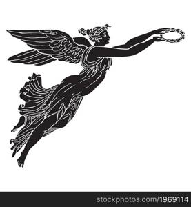 Ancient greek winged goddess silhouette illustration. Vector isolated Antique angel. Black and white line drawing. 3