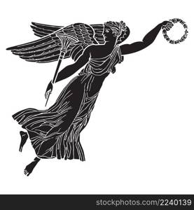 Ancient greek winged goddess silhouette illustration. Vector isolated Antique angel. Black and white line drawing.