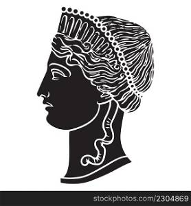 Ancient greek woman goddess face silhouette illustration. Vector isolated Antique bustl. Black and white line drawing. 1