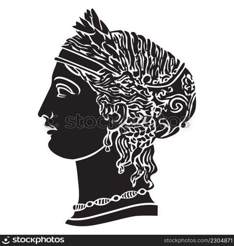Ancient greek woman goddess face silhouette illustration. Vector isolated Antique bustl. Black and white line drawing. 2