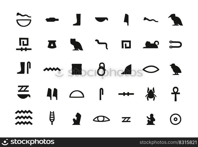 Ancient hieroglyphic symbols. Egyptian hieroglyph signs, old manuscript symbolic inscription decorative lettering Egypt history concept. Vector set. Black writing elements isolated on white. Ancient hieroglyphic symbols. Egyptian hieroglyph signs, old manuscript symbolic inscription decorative lettering Egypt history concept. Vector set