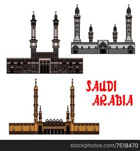 Ancient islamic travel landmarks of Saudi Arabia icon with sacred Great Mosque of Mecca, Prophets Mosque and Quba Mosque. Use as travel and religion theme design. Thin line style. Travel landmarks of Saudi Arabia icon with mosques