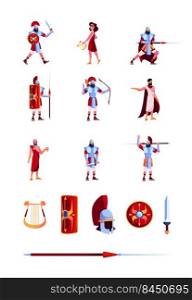 Ancient items. Greek helmets weapons papirus golden cup columns rome characters medieval writers garish vector historical collection. Illustration of ancient greece historical person. Ancient items. Greek helmets weapons papirus golden cup columns rome characters medieval writers garish vector historical collection