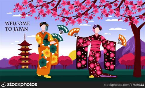 Ancient japan culture tourists attraction banner with women in traditional kimono sakura blossom pagoda mountains vector illustration . Ancient Japan Banner