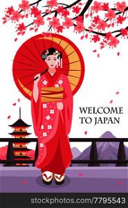 Ancient japan traditions culture tourists attraction poster with geisha girl in red under cherry blossom vector illustration . Ancient Japan Geisha Poster