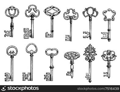 Ancient keys vintage engraving sketches with ornamental forged bows, adorned by victorian flourishes, curlicues and twirls. Maybe used as tattoo, medieval embellishment design or safety themes. Old skeleton keys sketches set