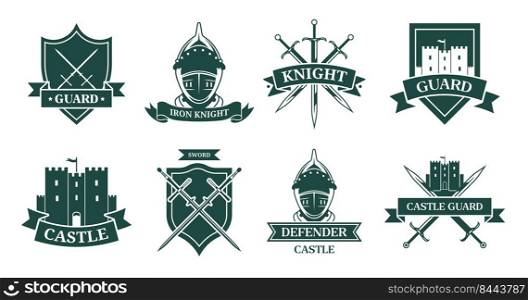 Ancient knight or fighter monochrome flat sign set. Medieval emblem and shield with warrior armor, helmet, swords or castle vector illustration collection. Mascot, military and ancient army concept