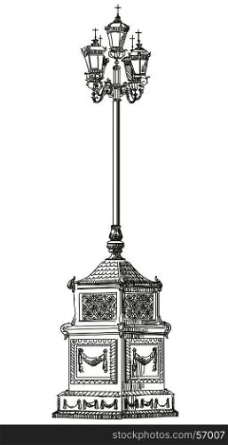 Ancient lantern near Cathedral of Christ the Savior in Moscow vector isolated hand drawing illustration