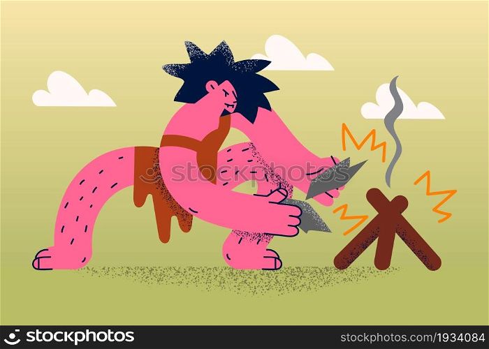 Ancient lifestyle and culture concept. Man aboriginal cartoon character wearing skin sitting and making fire with woods and stone vector illustration . Ancient lifestyle and culture concept