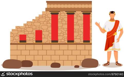 Ancient man dressed in traditional clothes of emperor stand near antique ruined building with columns in town square. Greek man historical character stand near antique monument of architecture. Ancient man in traditional clothes of emperor stand near antique ruined building with columns