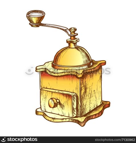 Ancient Manual Coffee Grinder Monochrome Vector. Retro Tool For Grinding Coffee Beans. Old Machine Engraving Concept Template Hand Drawn In Vintage Style Color Illustration. Ancient Manual Coffee Grinder Monochrome Vector