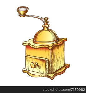 Ancient Manual Coffee Grinder Monochrome Vector. Retro Tool For Grinding Coffee Beans. Old Machine Engraving Concept Template Hand Drawn In Vintage Style Color Illustration. Ancient Manual Coffee Grinder Monochrome Vector