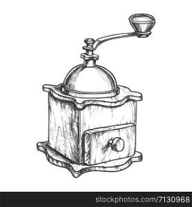 Ancient Manual Coffee Grinder Monochrome Vector. Retro Tool For Grinding Coffee Beans. Old Machine Engraving Concept Template Hand Drawn In Vintage Style Black And White Illustration. Ancient Manual Coffee Grinder Monochrome Vector