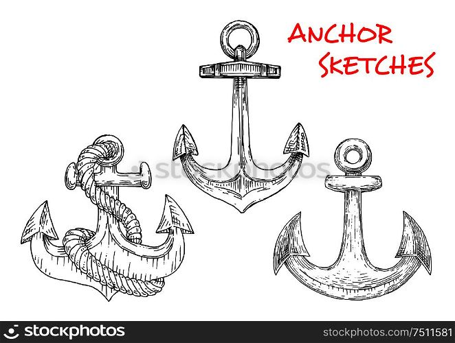 Ancient marine anchors with twisted rope. Isolated sketch icons for nautical emblem, travel or tattoo design usage. Sketches of ancient marine anchors with rope