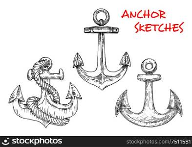 Ancient marine anchors with twisted rope. Isolated sketch icons for nautical emblem, travel or tattoo design usage. Sketches of ancient marine anchors with rope